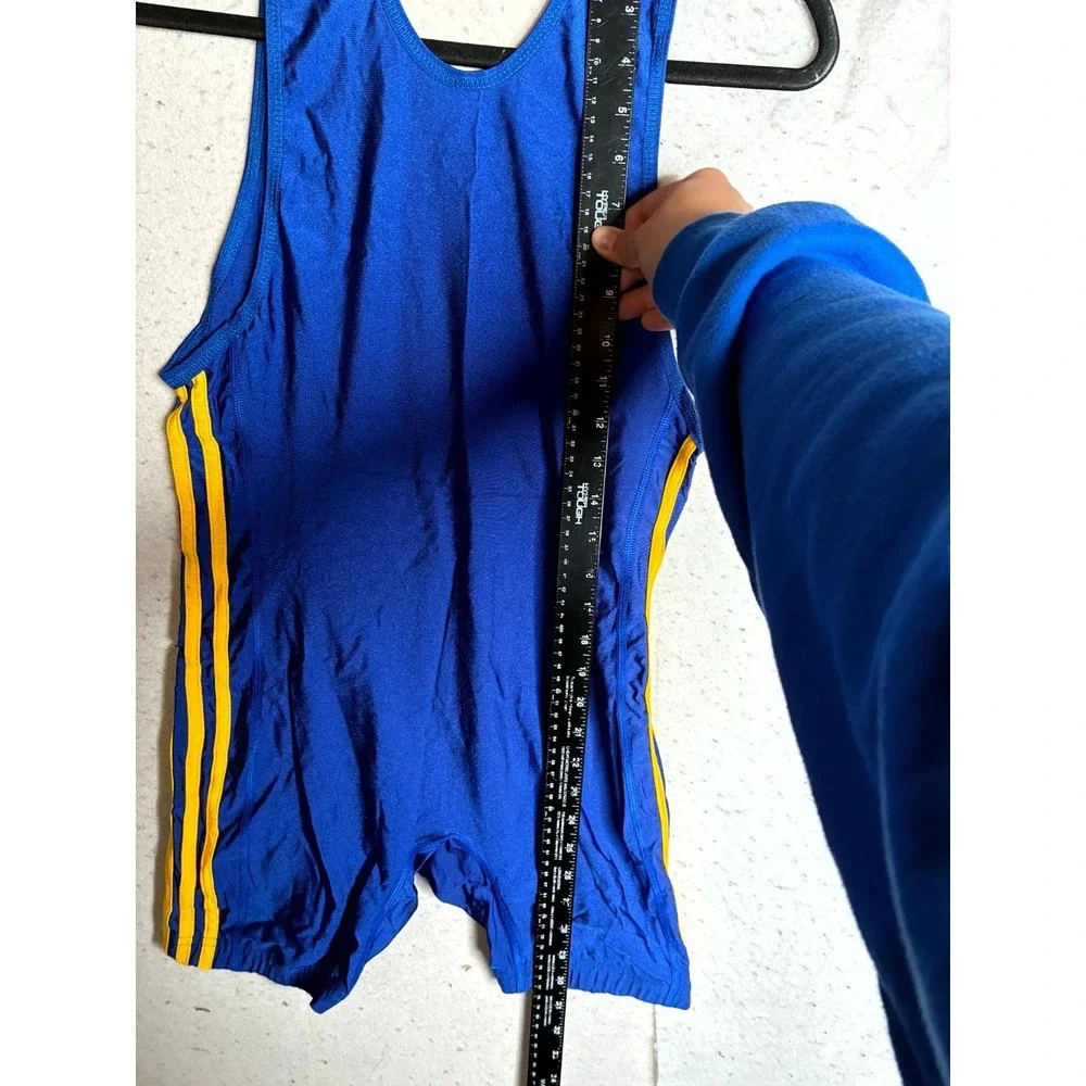 Adidas Wrestling Singlet Mens Medium Blue Yellow 3-Stripes Sleeveless Round Neck